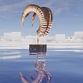 Golden Spiral Shaped Sculpture with Black Marble Base Amid White Buildings And Water Surface