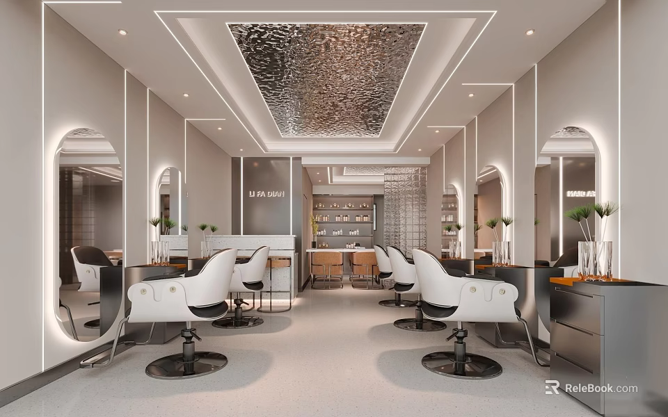 Modern Hair Salon Interior Design With White Chairs Mirrors And Silver Textured Ceiling 3d model 