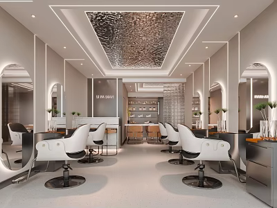 Modern Hair Salon Interior Design With White Chairs Mirrors And Silver Textured Ceiling 3d model
