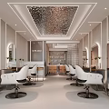 Modern Hair Salon Interior Design With White Chairs Mirrors And Silver Textured Ceiling