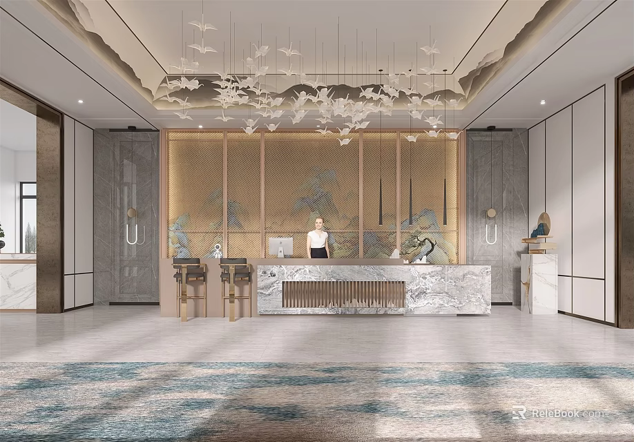 Elegant Modern Reception Area With Marble Desk Decorative Wall Chandelier And Patterned Rug 3d model