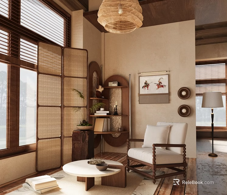 Leisure Chair With Wooden Frame Fabric Cushions Bamboo Screen And Natural Light In Cozy Room 3d model 