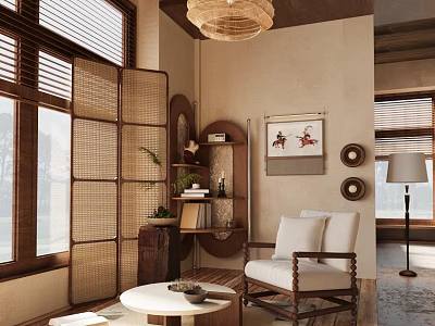 Leisure Chair With Wooden Frame Fabric Cushions Bamboo Screen And Natural Light In Cozy Room 3d model