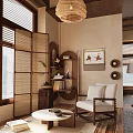 Leisure Chair With Wooden Frame Fabric Cushions Bamboo Screen And Natural Light In Cozy Room