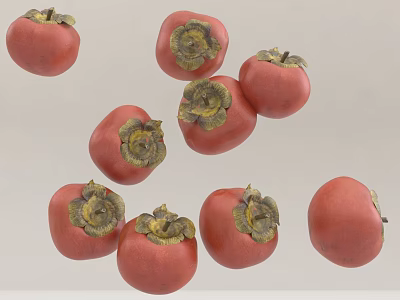 Fresh Ripe Red Persimmons With Green Calyx Floating On Light Background 3d model
