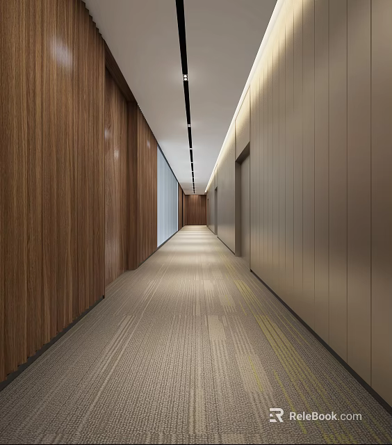 Modern Elevator Corridor With Wooden Walls Carpet And Linear Lighting 3d model