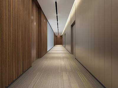 Modern Elevator Corridor With Wooden Walls Carpet And Linear Lighting 3d model