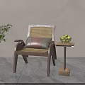 Accent Chair with Woven Rattan Backrest Wooden Frame Side Table Green Fruits and Green Plant