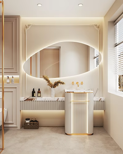 Modern Bathroom Interior With Oval Backlit Mirror Marble Countertop Vanity Gold Faucet And Decorative Plants 3d model