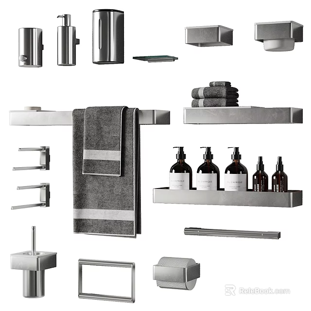 Modern Stainless Steel Bathroom Accessories With Towel Rack Shelf Soap Dispenser And Hooks 3d model 