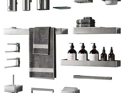 Modern Stainless Steel Bathroom Accessories With Towel Rack Shelf Soap Dispenser And Hooks 3d model