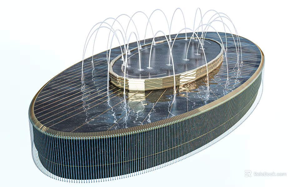 Modern Water Fountain with Circular Design Multiple Water Jets Metallic Rim and Reflective Surface 3d model 