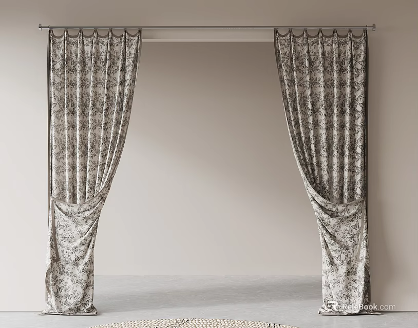 Elegant Patterned Velvet Curtains Hanging On Metal Rod Against Light Wall 3d model 