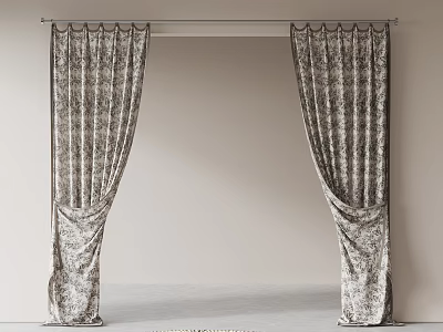 Elegant Patterned Velvet Curtains Hanging On Metal Rod Against Light Wall 3d model