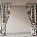 Elegant Patterned Velvet Curtains Hanging On Metal Rod Against Light Wall