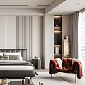 Modern Bedroom Interior Design With Large Bed Wardrobe Accent Chair And Wall Art