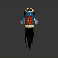 Vibrant Colorful Rocket Model With Blue Yellow Design And Flame Thrusters For Space Exploration