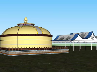 Traditional Round Yellow Yurt With Golden Dome And Adjacent Blue Roof Buildings 3d model