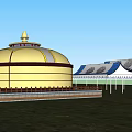 Traditional Round Yellow Yurt With Golden Dome And Adjacent Blue Roof Buildings