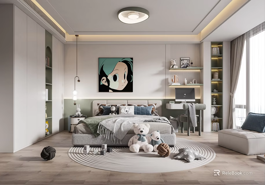 Kids Room Interior Design With Bed Stuffed Toys Rug Bookshelves Desk And Artwork 3d model 