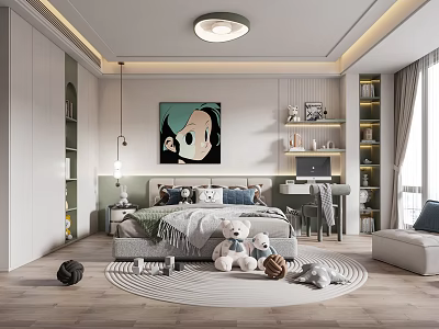 Kids Room Interior Design With Bed Stuffed Toys Rug Bookshelves Desk And Artwork 3d model