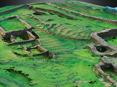 Archaeological Terrain With Green Grass Stone Walls And Ancient Ruined Structures 3d model