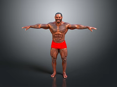 Muscular Man in Red Shorts with Arms Outstretched Showcasing Fit Physique on Gray Gradient Background 3d model