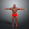 Muscular Man in Red Shorts with Arms Outstretched Showcasing Fit Physique on Gray Gradient Background