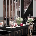 Shopping Mall Hall With COSMOM Booth Cherry Blossom Decorations Tables Chairs And Product Displays