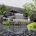 Serene Garden Rockery Waterfall Feature With Green Plants Stones And Moss