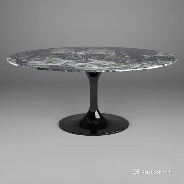 Round Dining Table With Marble Top Gray Green Veins And Black Pedestal Base 3d model 