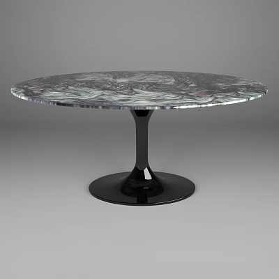 Round Dining Table With Marble Top Gray Green Veins And Black Pedestal Base 3d model