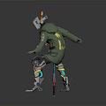 Cyberpunk Sci-Fi Character with Mechanical Helmet Antenna Green Jacket Robotic Legs Holding Weapon Action Pose