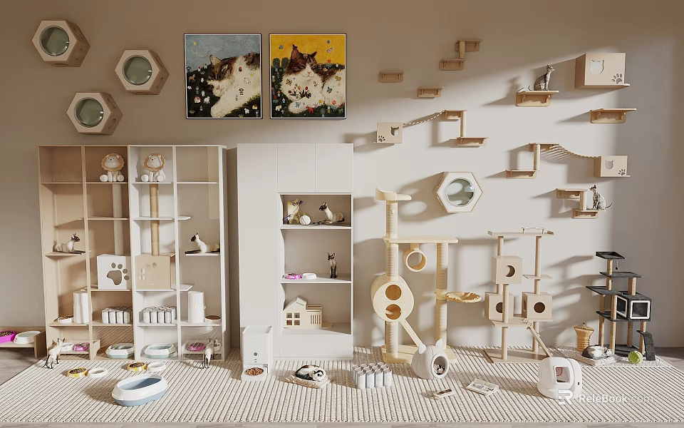 Multi Level Wooden Cat Tree with Wall Mounted Climbing Frames and Cat Beds 3d model 