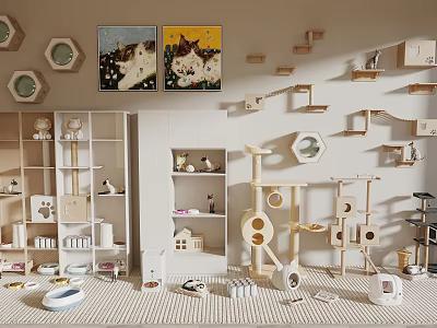 Multi Level Wooden Cat Tree with Wall Mounted Climbing Frames and Cat Beds 3d model