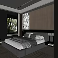 Modern Bedroom Interior With Dark Tones Bed Wardrobe Nightstand Chair And Rug