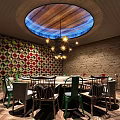 Modern Restaurant Interior Design With Green Plant Wall Staircase Display Shelves And Lighting