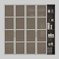 Woven Door Bookcase With White Frame Metal Handles And Open Shelves With Books Decor