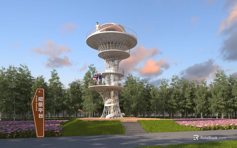 Spiral Observation Tower With Lush Green Trees Grass Lawn And Colorful Flowers 3d model 