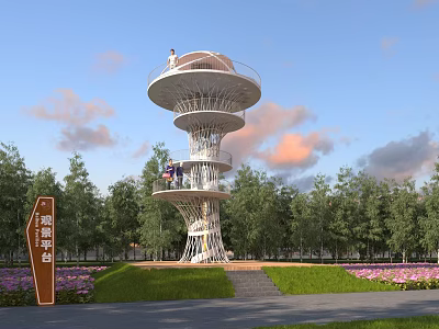 Spiral Observation Tower With Lush Green Trees Grass Lawn And Colorful Flowers 3d model