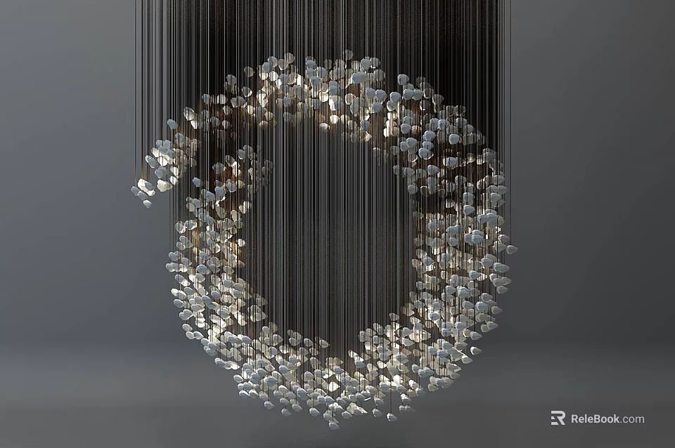 Modern Circular Chandelier With Slender Hanging Wires And Glowing Small Light Beads 3d model 