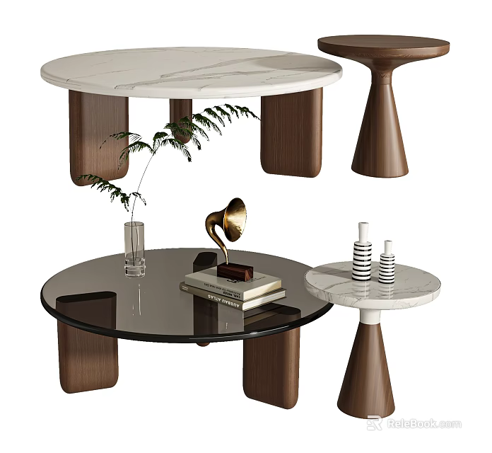 Modern Coffee Table Designs with Walnut Base Marble Glass Top and Decorative Items 3d model