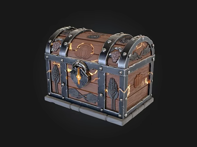 Ornate Wooden Treasure Chest With Metal Straps Intricate Carvings And Illuminated Lock 3d model