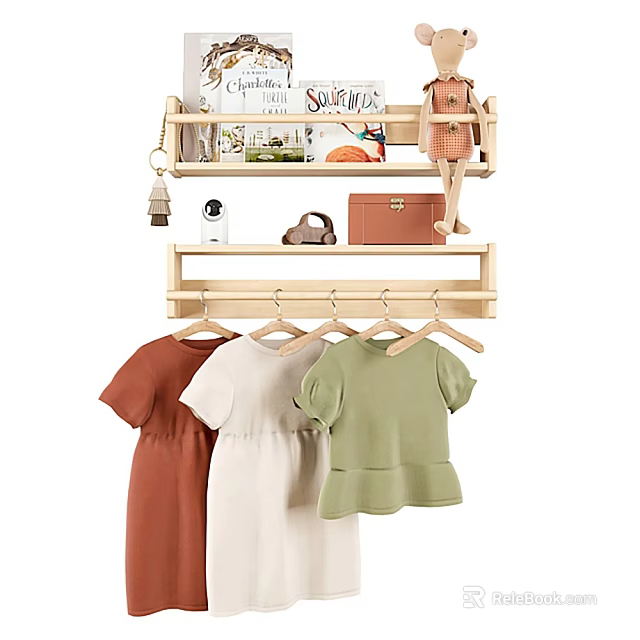 Clothes Hanging on Wooden Rack with Storage Shelves 3d model 
