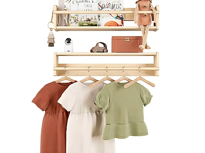 Clothes Hanging on Wooden Rack with Storage Shelves 3d model