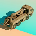 Military Utility Vehicle In Khaki With Crane Arm And Yellow Warning Lights