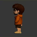 Cartoon Man with Brown Hair Black Framed Glasses Red Jacket Brown Shorts and Yellow Shoes