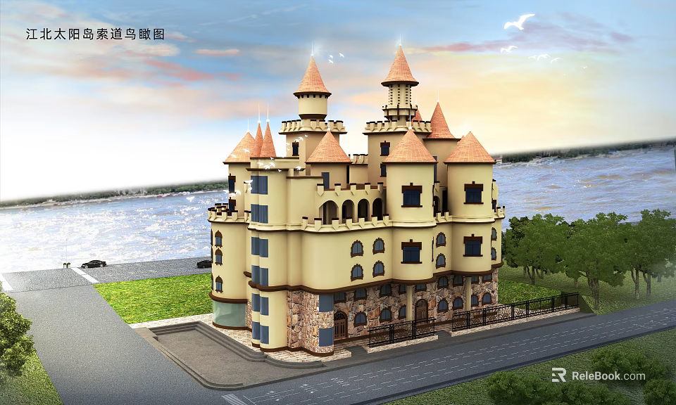 Birds Eye View Planning Of Castle Style Hot Spring Resort Hotel By Riverside Architectural Design 3d model 