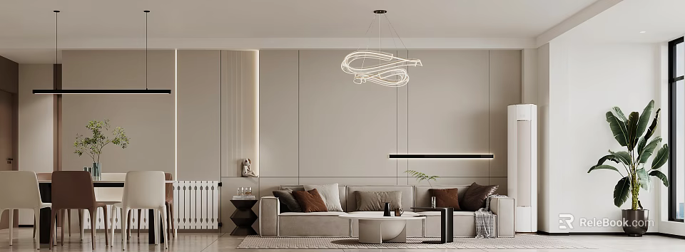 Modern Living and Dining Room with Beige Sofa Spiral Pendant Light in Neutral Tones 3d model 