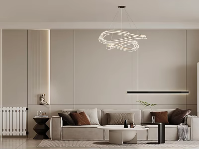 Modern Living and Dining Room with Beige Sofa Spiral Pendant Light in Neutral Tones 3d model